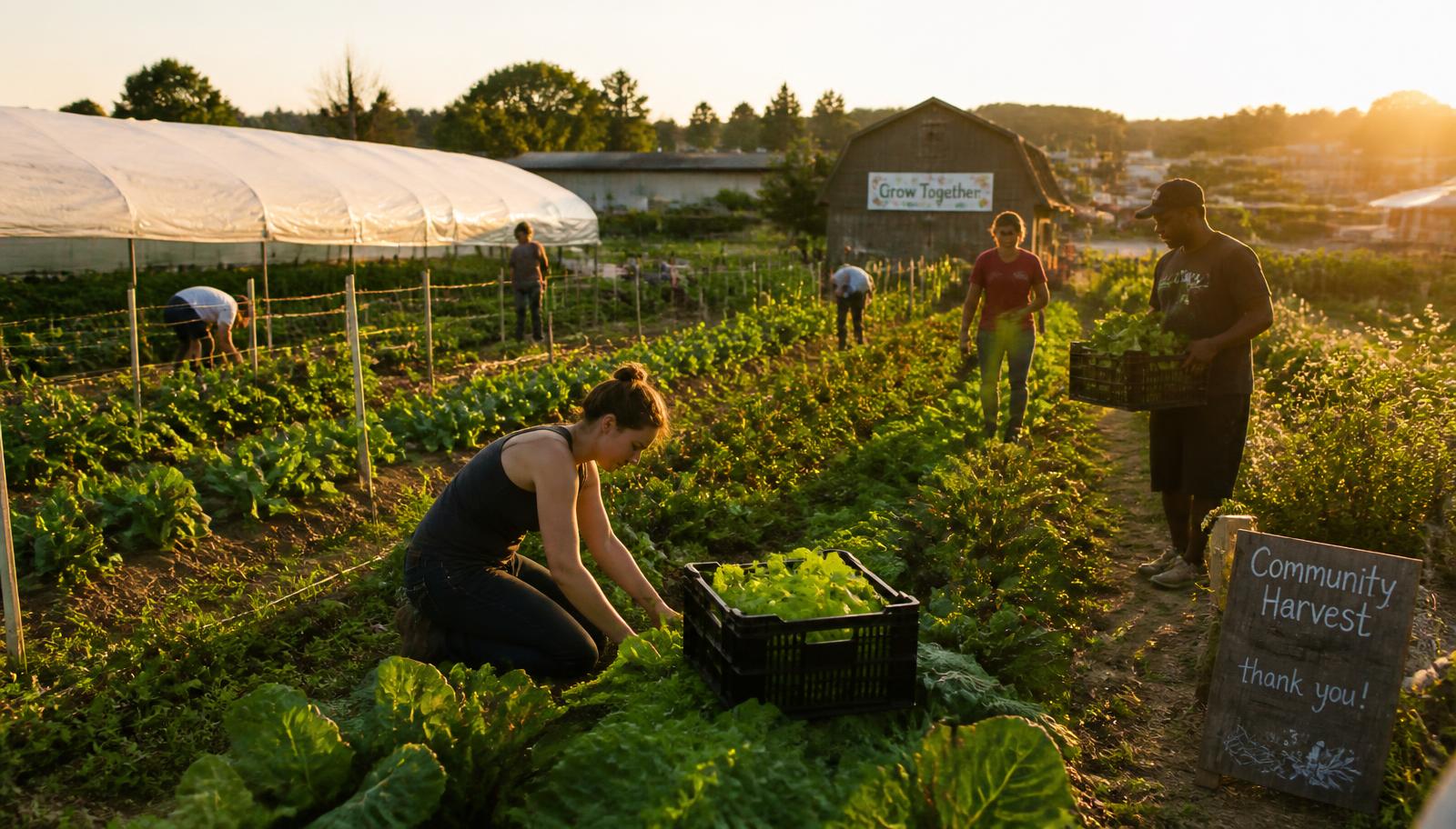 Volunteers harvesting fresh greens at the Green Roots community farm